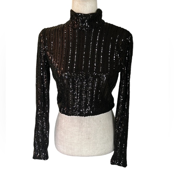Zara Trafaluc Collection Black Sequin Mock Neck Draped Wrap Back Cropped Top - M - Picture 2 of 11